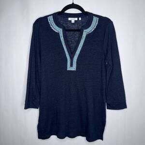 Chico’s Women’s 100% Linen Beaded White And Teal Tunic Navy Blue Size 0 US Small